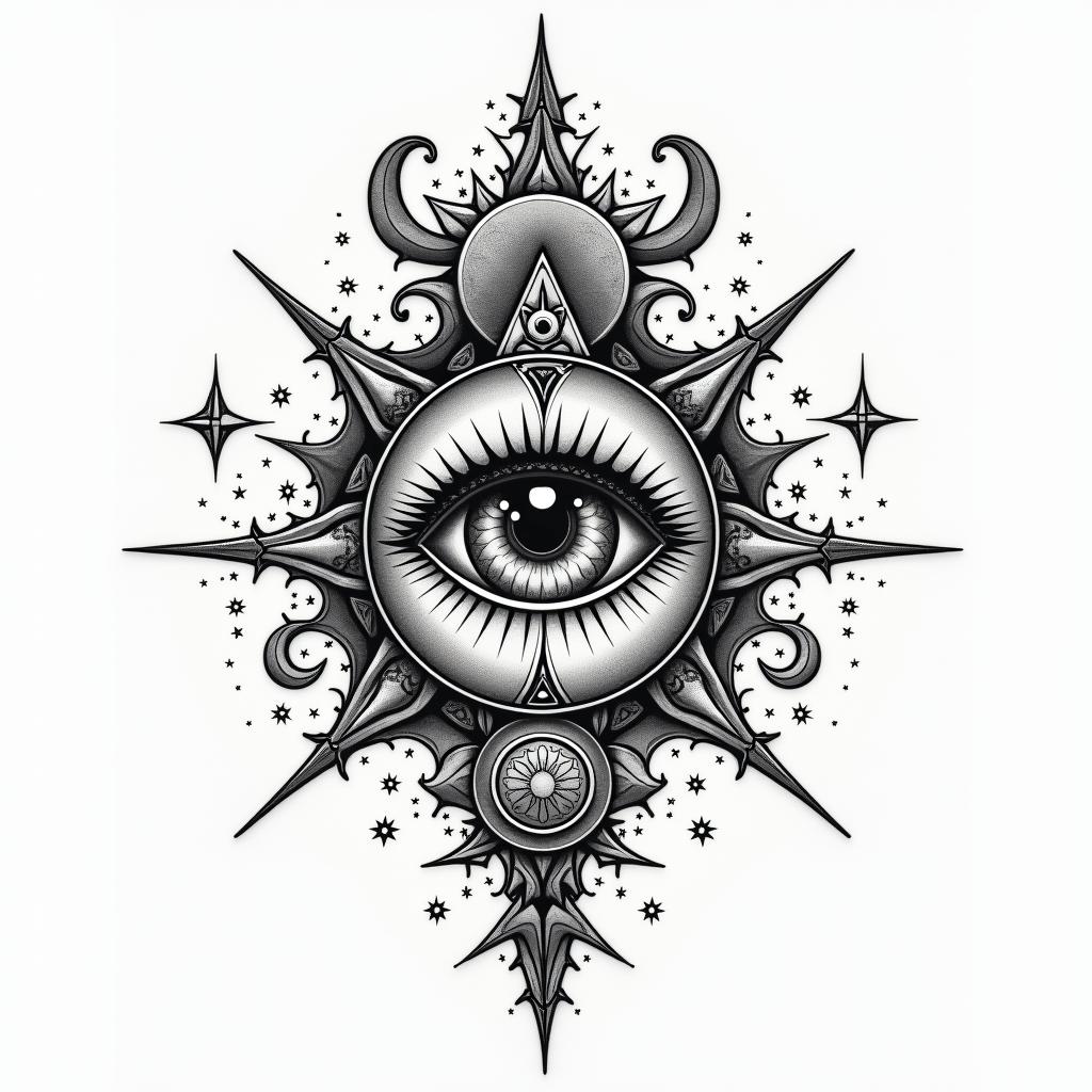 Simonain prophecy tattoo style, featuring mystical symbols, celestial imagery like stars, moons, suns, geometric patterns, foretelling elements, an eye of wisdom - Variation 2