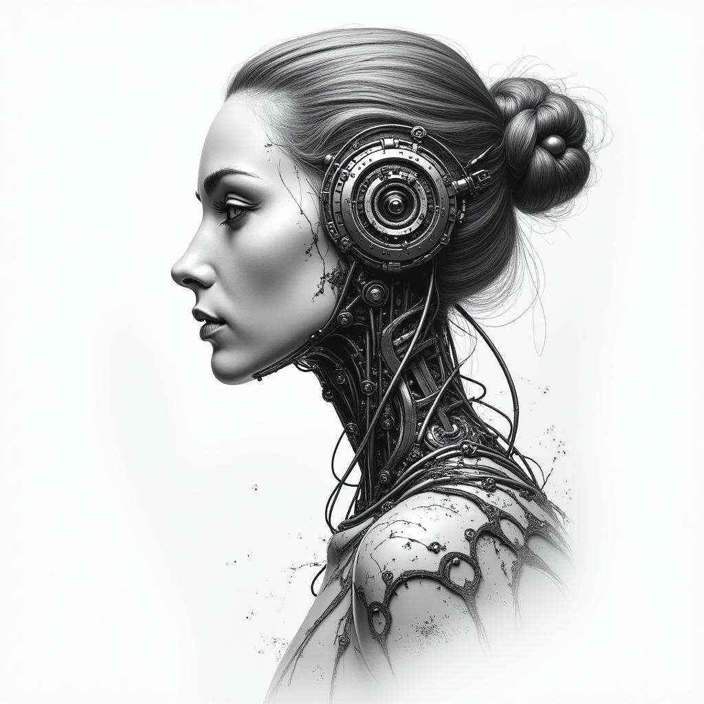 I'm a virgo, quiet and decent, wanted to show her likes and desires to everyone but, too shy to do that.tattoo in biomechanic style, the tattoo covered by robotic elements of futuristic cyberpunk design, robotic features detail, showcasing intricate mechanical components - Variation 3