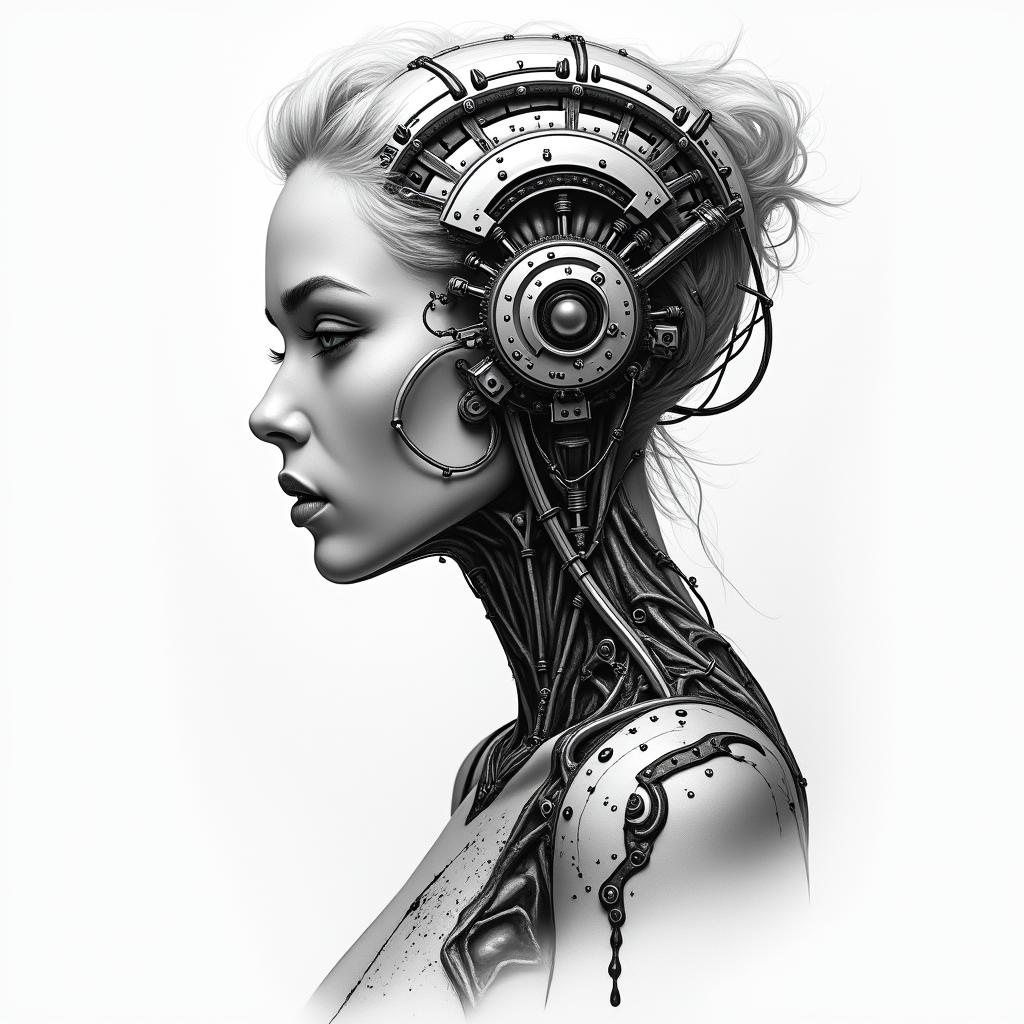 I'm a virgo, quiet and decent, wanted to show her likes and desires to everyone but, too shy to do that.tattoo in biomechanic style, the tattoo covered by robotic elements of futuristic cyberpunk design, robotic features detail, showcasing intricate mechanical components - Variation 4