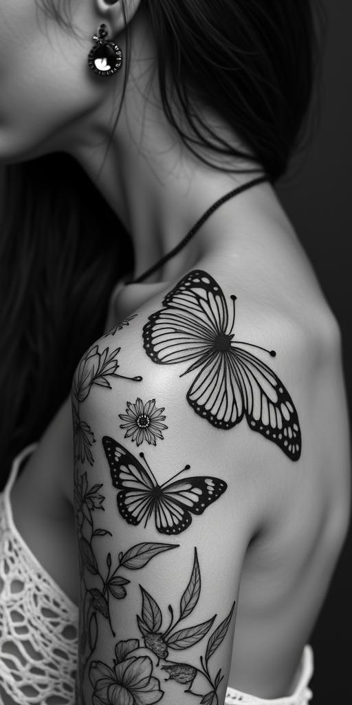 Butterfly sunflower and wildflowershigly detailed tattoo