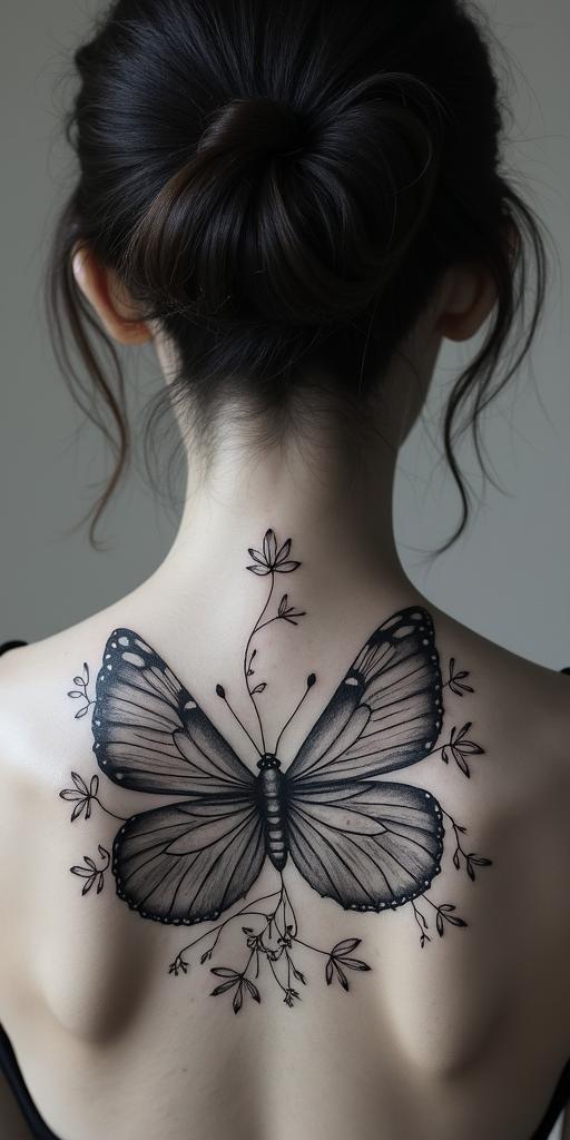 Butterfly sunflower and wildflowershigly detailed tattoo - Variation 3