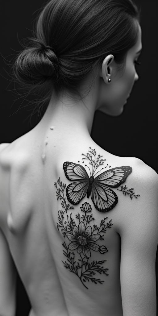 Butterfly sunflower and wildflowershigly detailed tattoo - Variation 2