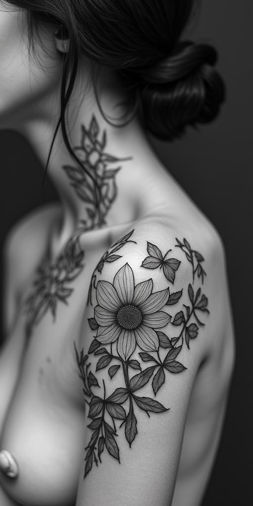 Butterfly sunflower and wildflowershigly detailed tattoo - Variation 4