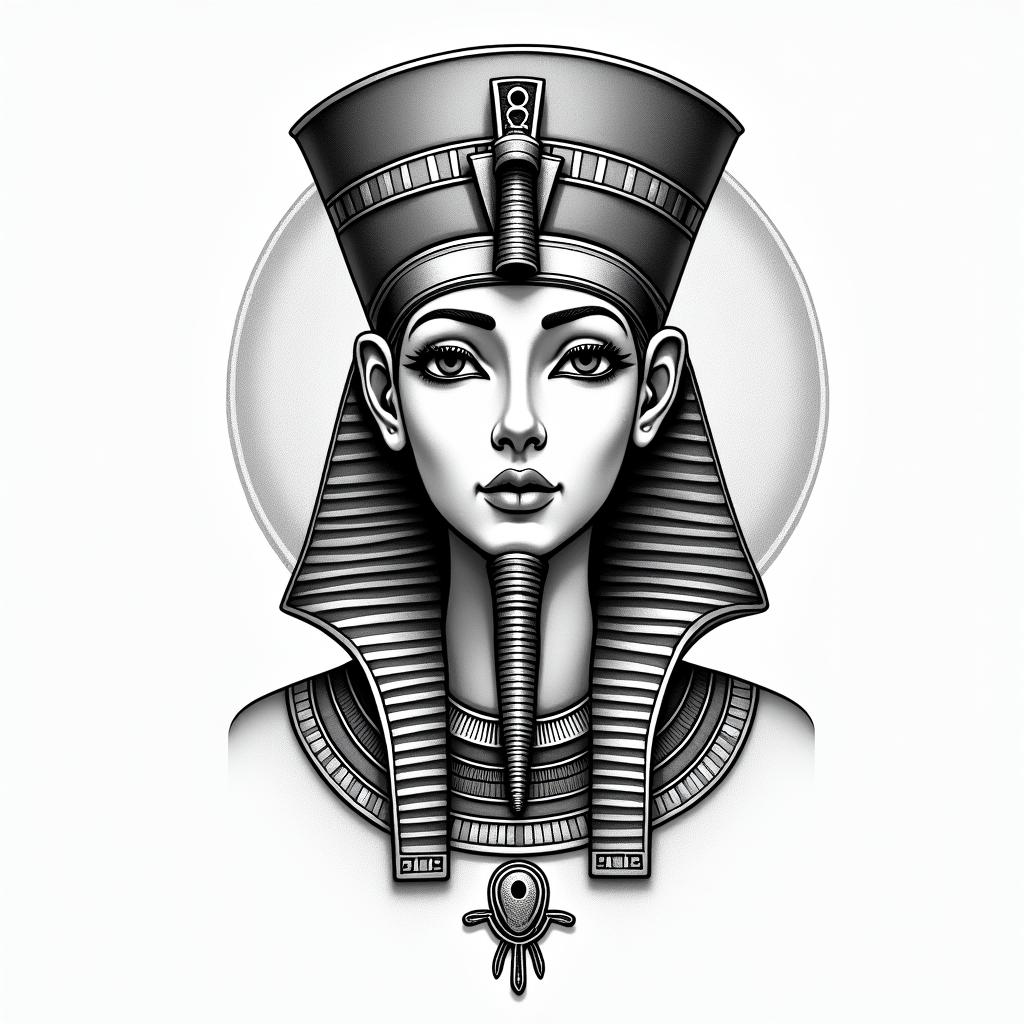 I'm a virgo, quiet and decent, wanted to show her likes and desires to everyone but, too shy to do that.in egyptian style tattoo, bold elements of ancient egyptian culture including a portrait of an Egyptian pharaoh with detailed facial features, in hieroglyphs and symbolic imagery, eye of horus, ankh symbol, scarab beetle