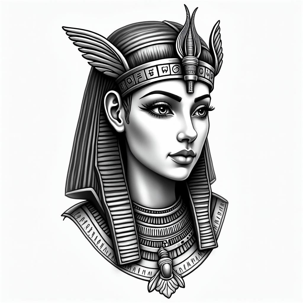 I'm a virgo, quiet and decent, wanted to show her likes and desires to everyone but, too shy to do that.in egyptian style tattoo, bold elements of ancient egyptian culture including a portrait of an Egyptian pharaoh with detailed facial features, in hieroglyphs and symbolic imagery, eye of horus, ankh symbol, scarab beetle - Variation 4
