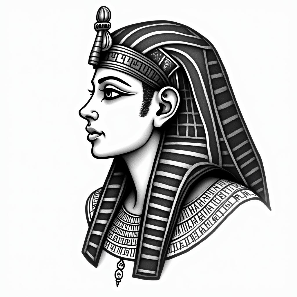 I'm a virgo, quiet and decent, wanted to show her likes and desires to everyone but, too shy to do that.in egyptian style tattoo, bold elements of ancient egyptian culture including a portrait of an Egyptian pharaoh with detailed facial features, in hieroglyphs and symbolic imagery, eye of horus, ankh symbol, scarab beetle - Variation 3