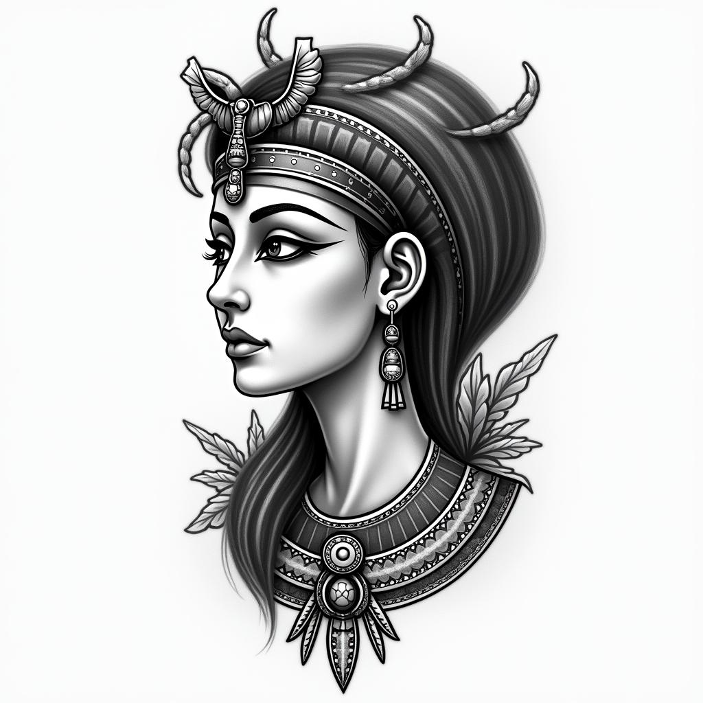 I'm a virgo, quiet and decent, wanted to show her likes and desires to everyone but, too shy to do that.in egyptian style tattoo, bold elements of ancient egyptian culture including a portrait of an Egyptian pharaoh with detailed facial features, in hieroglyphs and symbolic imagery, eye of horus, ankh symbol, scarab beetle - Variation 2