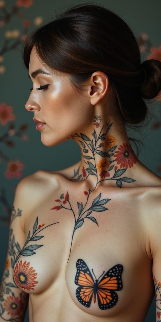 Butterfly sunflower and wildflowersin bohemian style tattoo, 8k - Variation 4