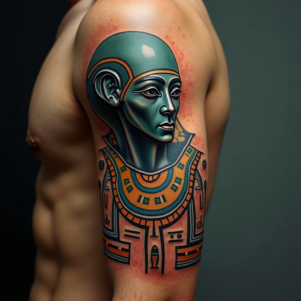Ancient alienin egyptian style tattoo, bold elements of ancient egyptian culture including a portrait of an Egyptian pharaoh with detailed facial features, in hieroglyphs and symbolic imagery, eye of horus, ankh symbol, scarab beetle - Variation 3