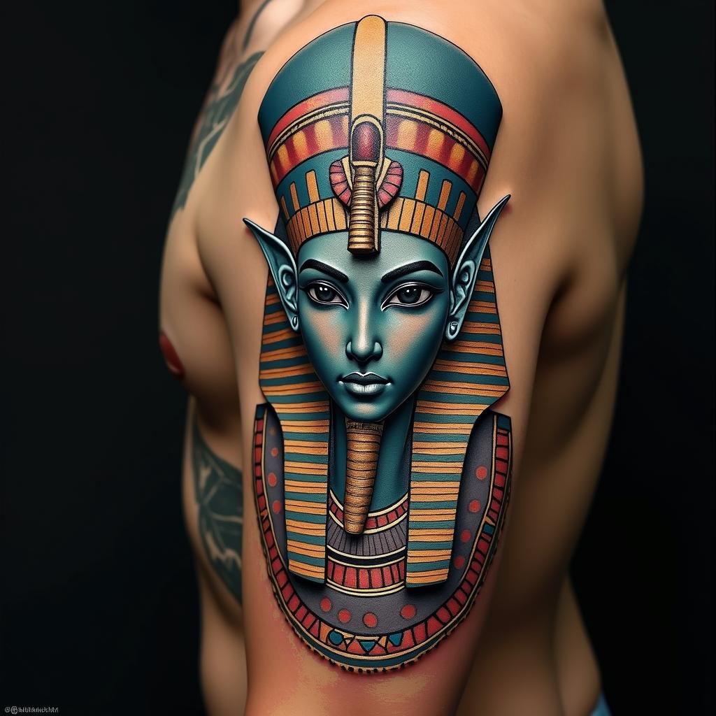in egyptian style tattoo, bold elements of ancient egyptian culture including a portrait of an Egyptian pharaoh with detailed facial features, in hieroglyphs and symbolic imagery, eye of horus, ankh symbol, scarab beetle