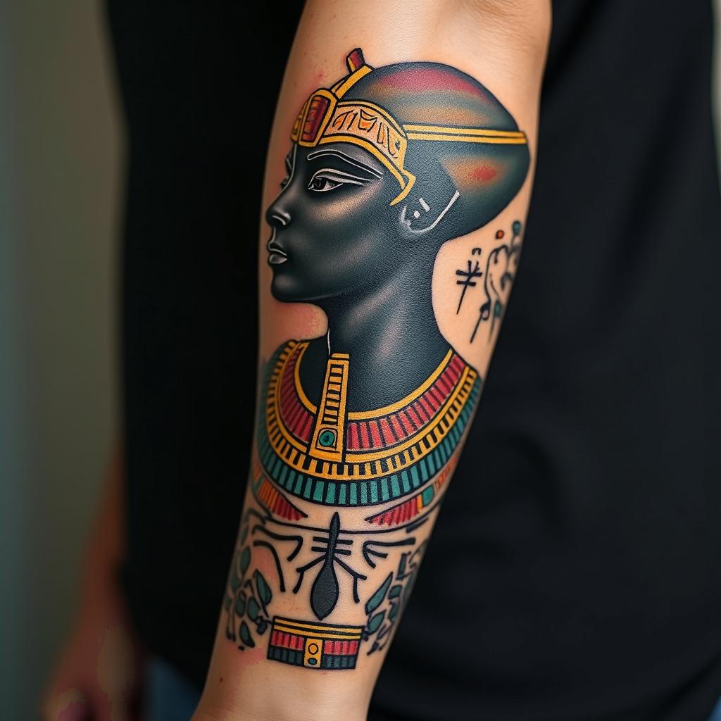 Ancient alienin egyptian style tattoo, bold elements of ancient egyptian culture including a portrait of an Egyptian pharaoh with detailed facial features, in hieroglyphs and symbolic imagery, eye of horus, ankh symbol, scarab beetle