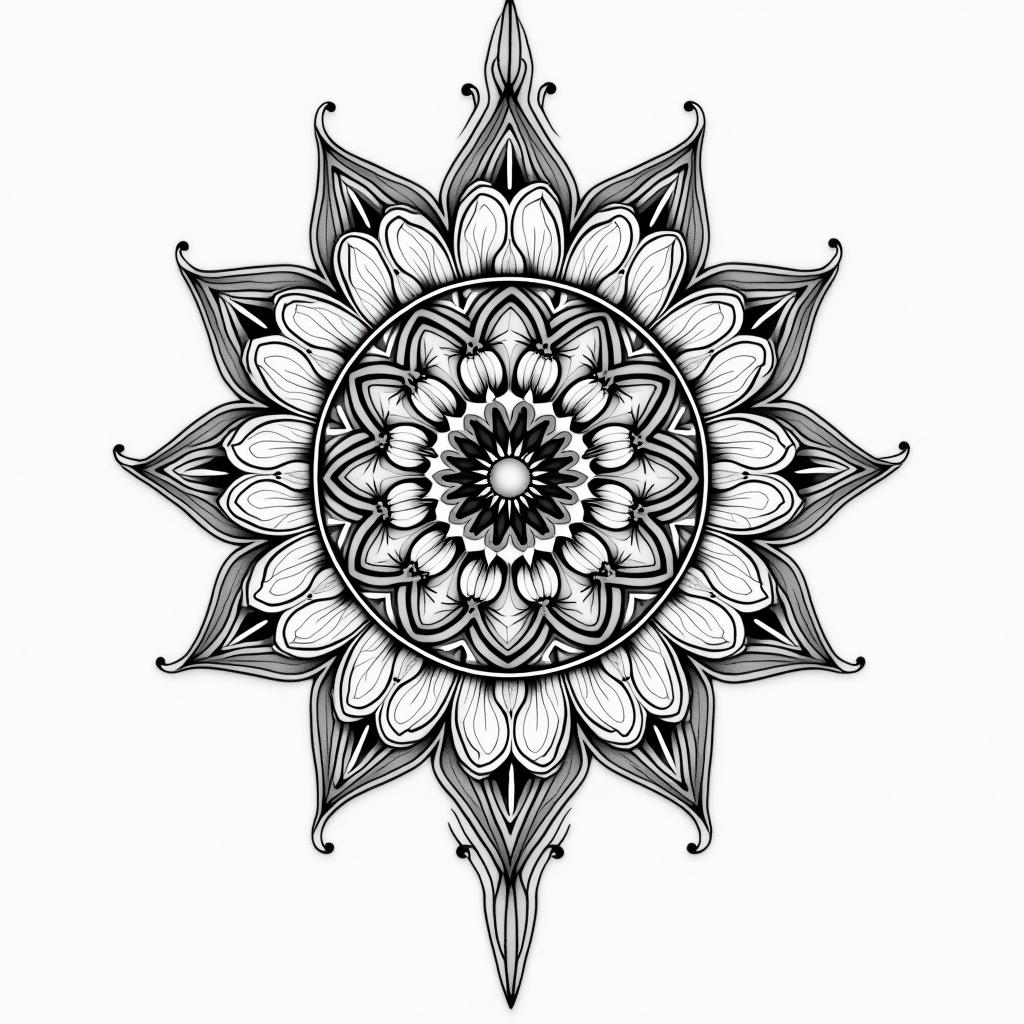 I'm a virgo, quiet and decent, wanted to show her likes and desires to everyone but, too shy to do that.in dotwork style tattoo, complex mandala patterns, interlocking geometric shapes with sharp symmetry, clean lines, sharp angles - Variation 2