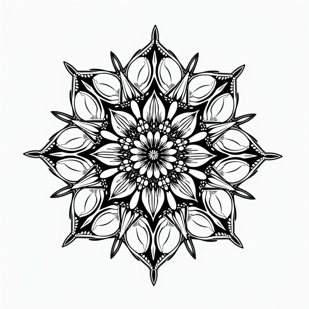 I'm a virgo, quiet and decent, wanted to show her likes and desires to everyone but, too shy to do that.in dotwork style tattoo, complex mandala patterns, interlocking geometric shapes with sharp symmetry, clean lines, sharp angles