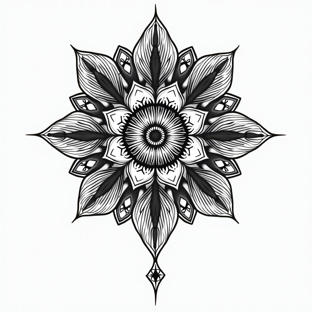 I'm a virgo, quiet and decent, wanted to show her likes and desires to everyone but, too shy to do that.in dotwork style tattoo, complex mandala patterns, interlocking geometric shapes with sharp symmetry, clean lines, sharp angles - Variation 4