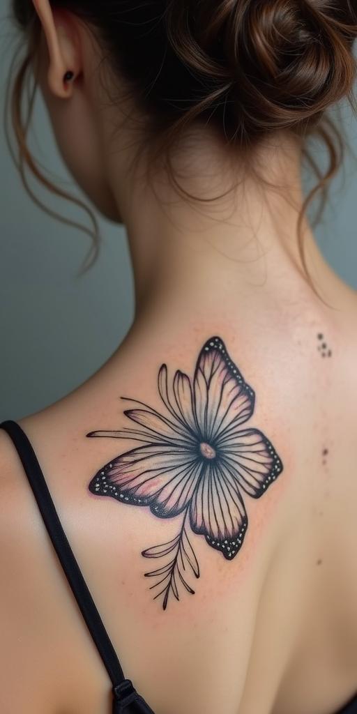 Butterfly sunflower and wildflowersin Modest style tattoo, featuring soft, delicate line work with simple and meaningful symbols, gentle waves, a heart, evoking a sense of serenity and grace, - Variation 3
