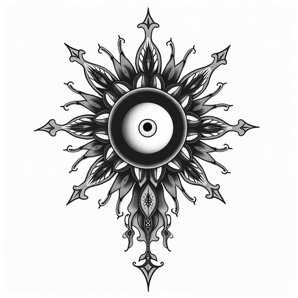 Sun and moon mandala inspired friend tatto, no face on the sun and moon.in prophecy tattoo style, featuring mystical symbols, celestial imagery like stars, moons, suns, geometric patterns, foretelling elements, an eye of wisdom