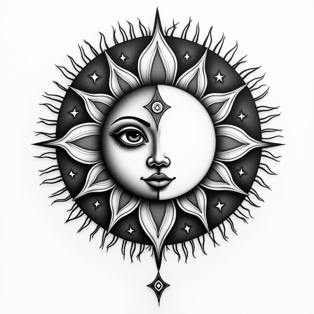Sun and moon mandala inspired friend tatto, no face on the sun and moon.in prophecy tattoo style, featuring mystical symbols, celestial imagery like stars, moons, suns, geometric patterns, foretelling elements, an eye of wisdom - Variation 3
