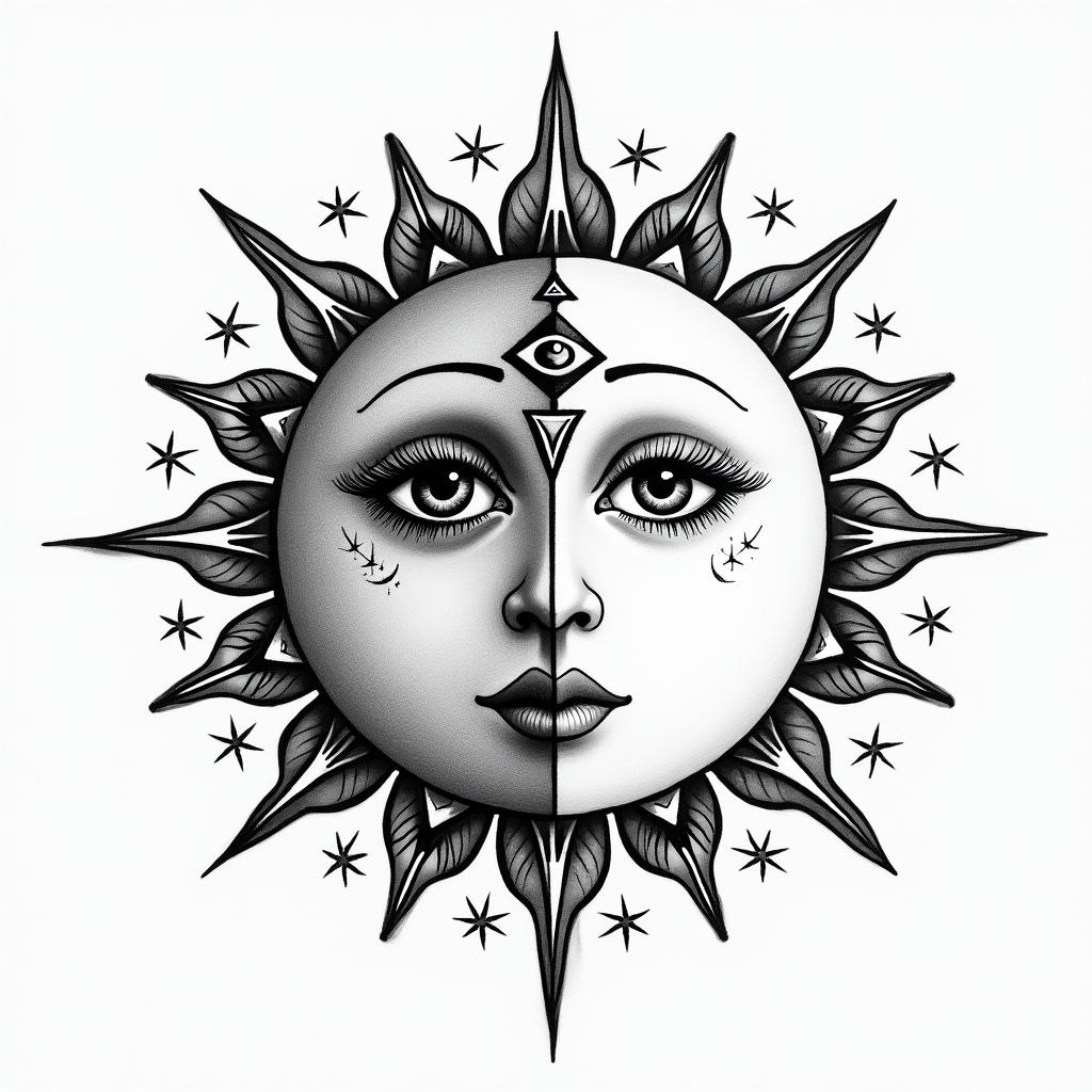 Sun and moon mandala inspired friend tatto, no face on the sun and moon.in prophecy tattoo style, featuring mystical symbols, celestial imagery like stars, moons, suns, geometric patterns, foretelling elements, an eye of wisdom - Variation 4