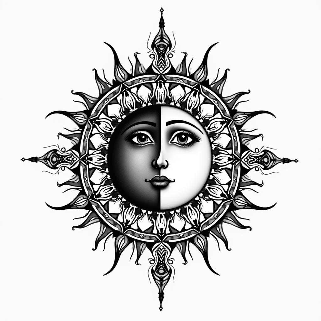 Sun and moon mandala inspired friend tatto, no face on the sun and moon.in prophecy tattoo style, featuring mystical symbols, celestial imagery like stars, moons, suns, geometric patterns, foretelling elements, an eye of wisdom - Variation 2