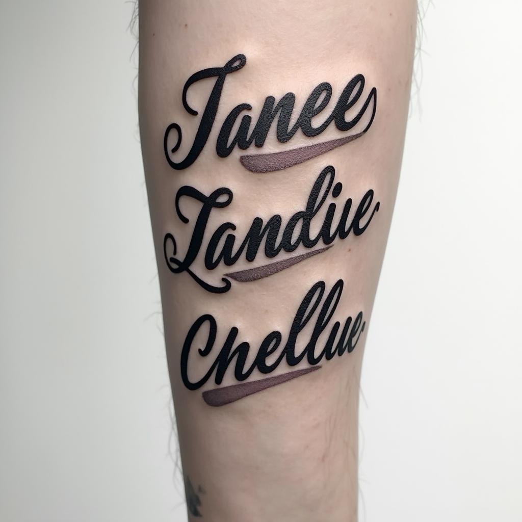 Forearm tattoo with the names Jana Renee’, Janie LaRue, and Charlie True.higly detailed tattoo - Variation 2