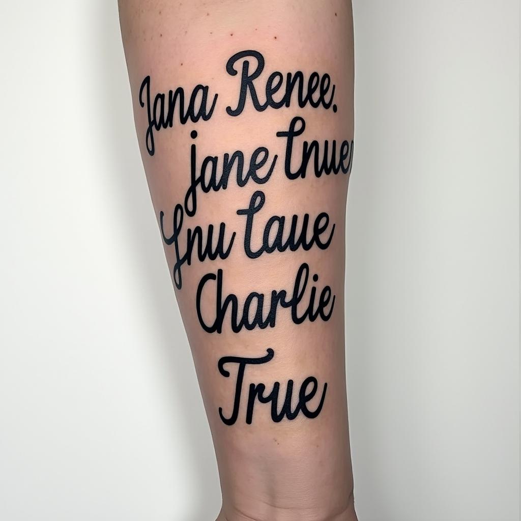 Forearm tattoo with the names Jana Renee’, Janie LaRue, and Charlie True.higly detailed tattoo