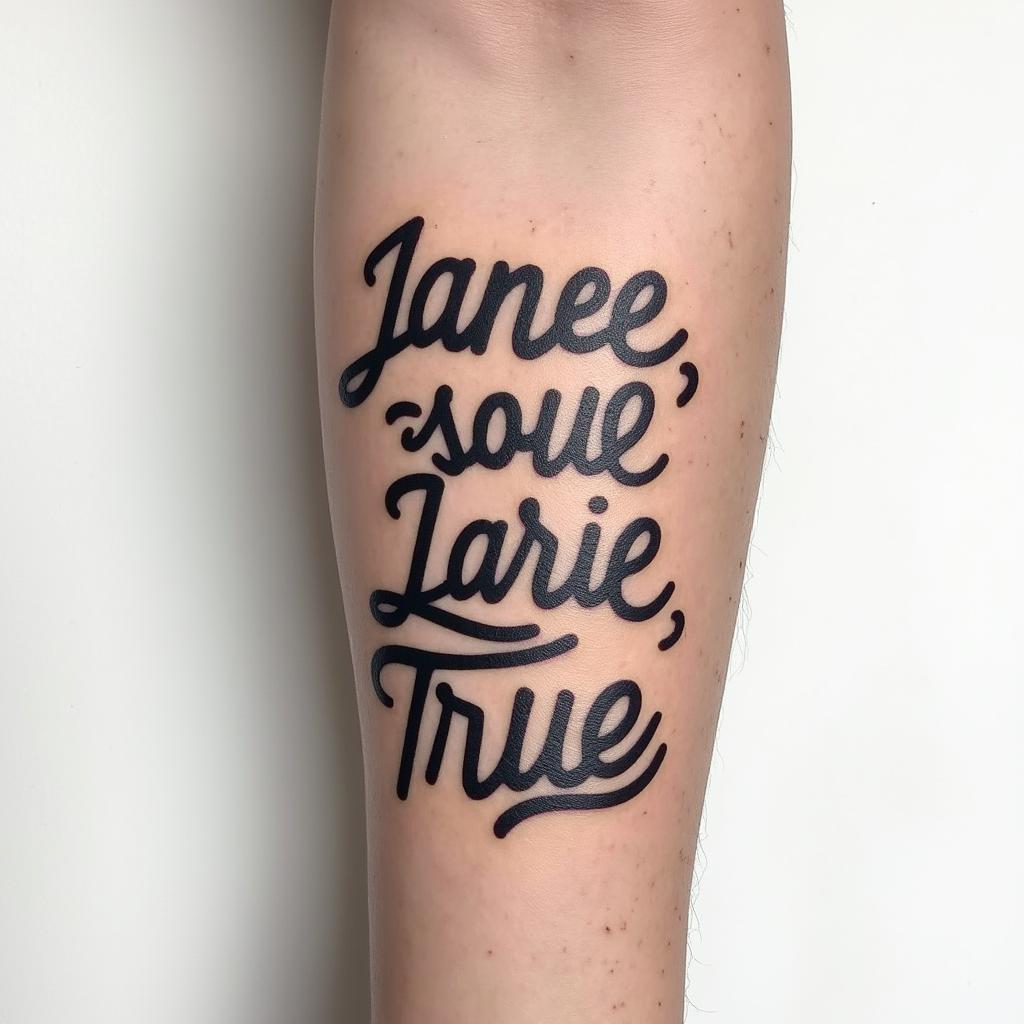 Forearm tattoo with the names Jana Renee’, Janie LaRue, and Charlie True.higly detailed tattoo - Variation 4