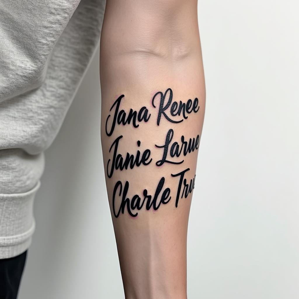 Forearm tattoo with the names Jana Renee’, Janie LaRue, and Charlie True.higly detailed tattoo - Variation 3