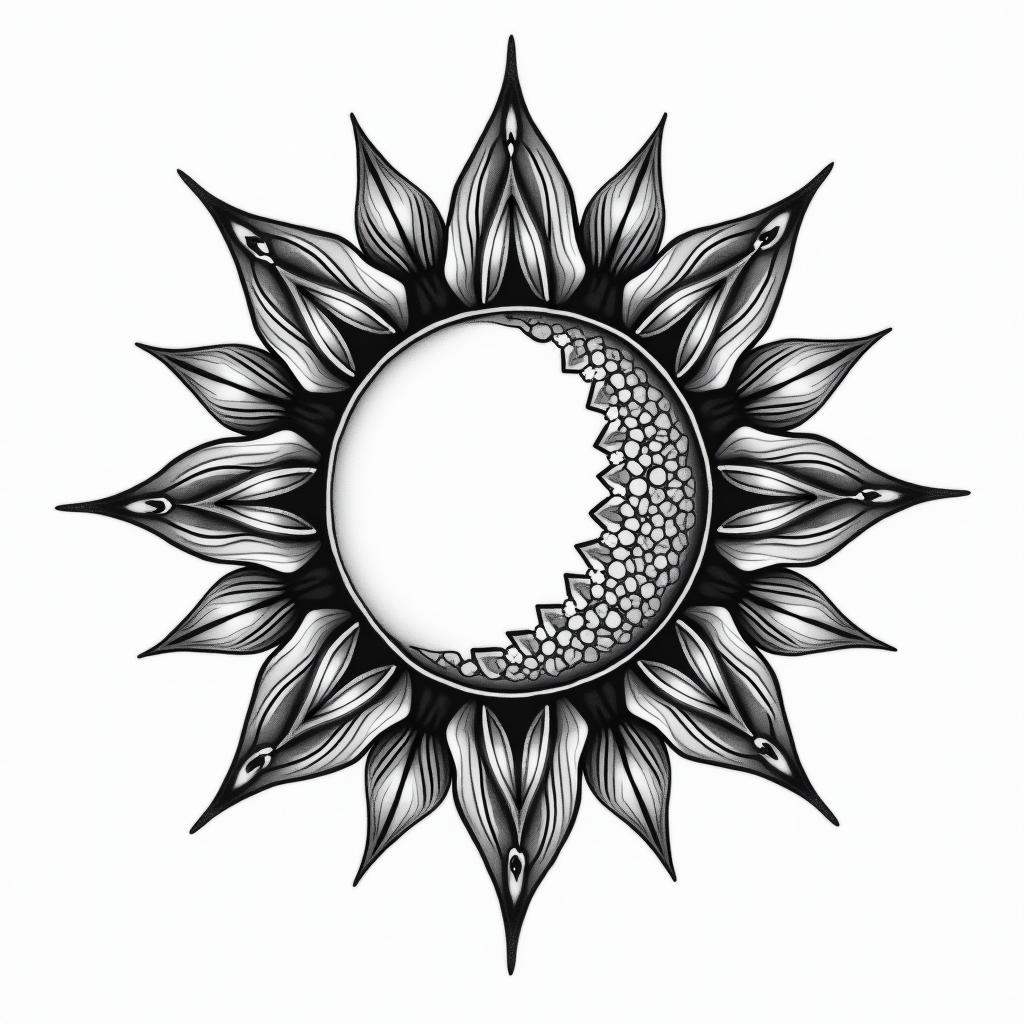 Sun and moon mandala inspired friend tatto, no face on the sun and moon.in ornamental tattoo style, featuring intricate symmetrical patterns and floral designs, showcasing highly detailed line work and geometric shapes, creating a sense of elegance and balance - Variation 3