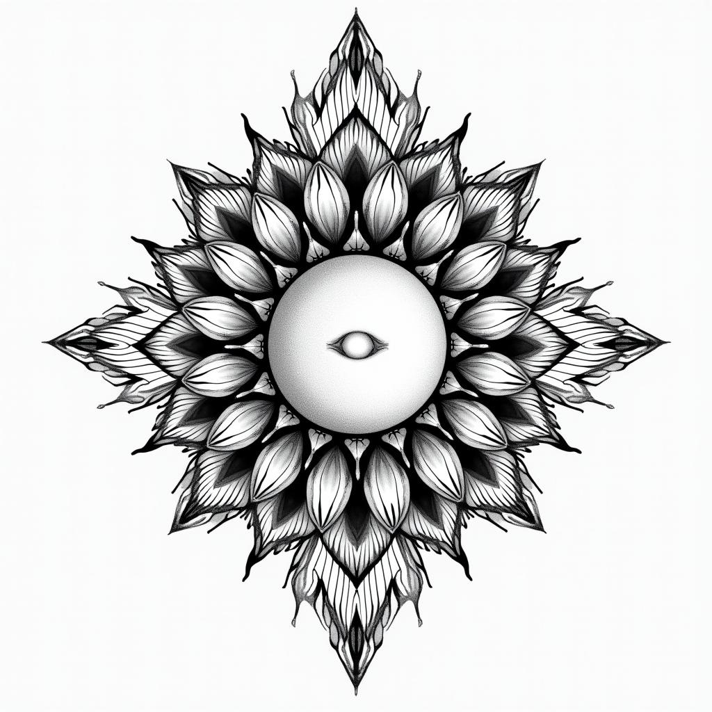 Sun and moon mandala inspired friend tatto, no face on the sun and moon.in ornamental tattoo style, featuring intricate symmetrical patterns and floral designs, showcasing highly detailed line work and geometric shapes, creating a sense of elegance and balance - Variation 2