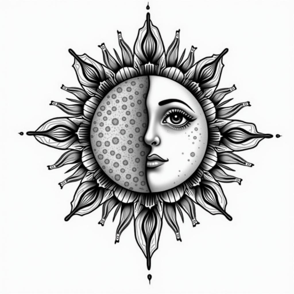 Sun and moon mandala inspired friend tatto, no face on the sun and moon.in ornamental tattoo style, featuring intricate symmetrical patterns and floral designs, showcasing highly detailed line work and geometric shapes, creating a sense of elegance and balance