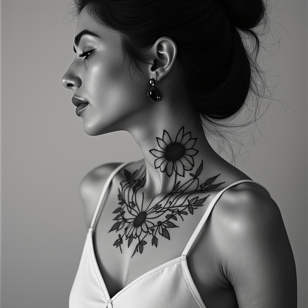 Moon wildflowersin bohemian style tattoo, 8k