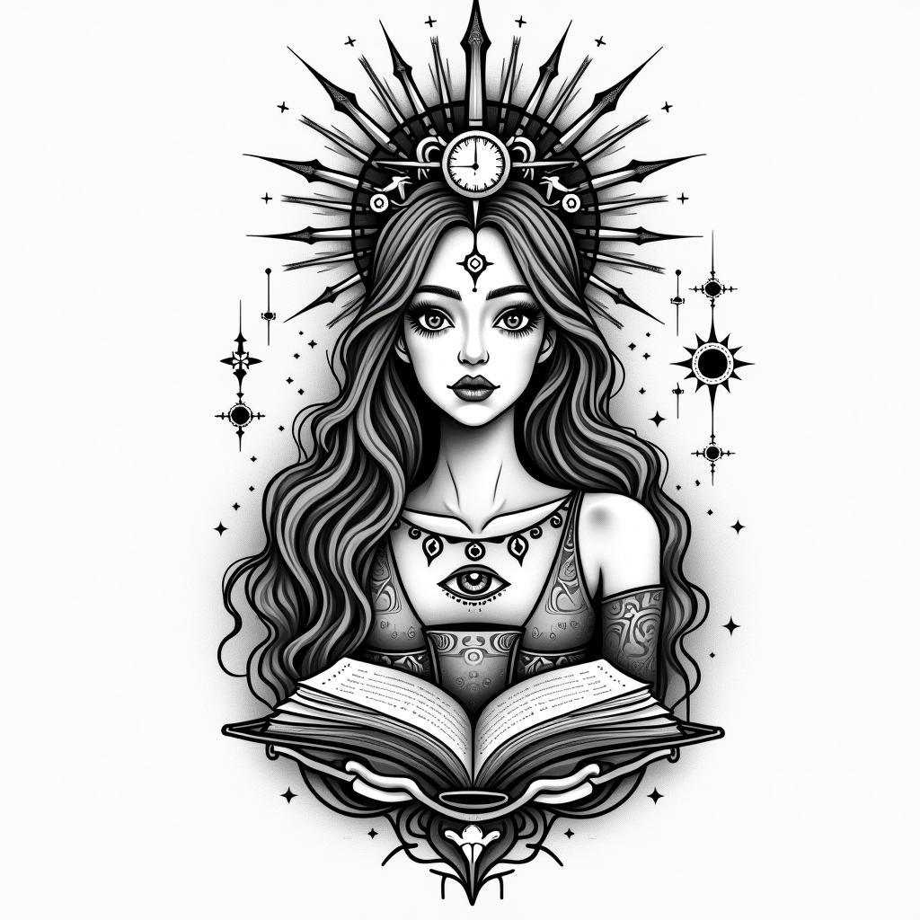 Woman, coffee, books, Sagittarius, universein prophecy tattoo style, featuring mystical symbols, celestial imagery like stars, moons, suns, geometric patterns, foretelling elements, an eye of wisdom