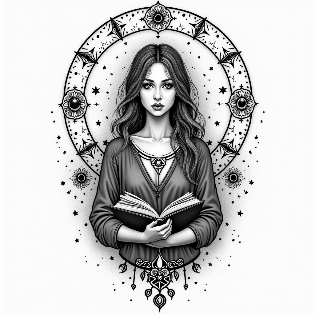 Woman, coffee, books, Sagittarius, universein prophecy tattoo style, featuring mystical symbols, celestial imagery like stars, moons, suns, geometric patterns, foretelling elements, an eye of wisdom - Variation 2