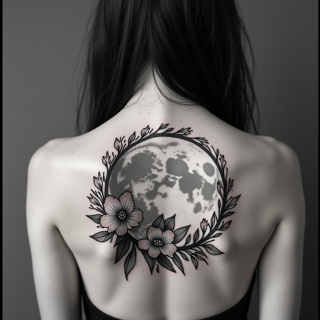Moon wildflowersin authentic tattoo style, incorporating traditional modifications, bold black outlines, solid color fills, featuring classic authentic elements - Variation 4