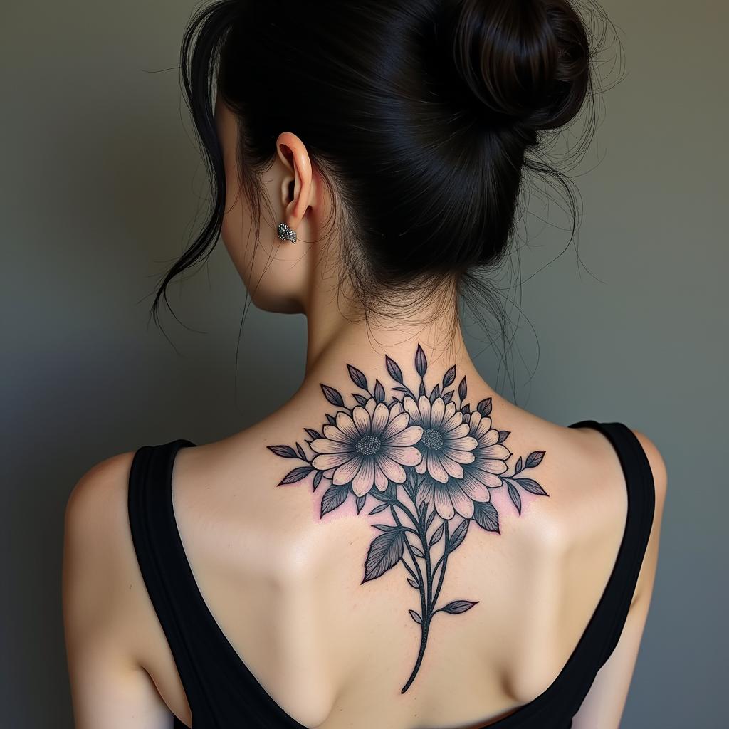 Moon wildflowersin authentic tattoo style, incorporating traditional modifications, bold black outlines, solid color fills, featuring classic authentic elements - Variation 3