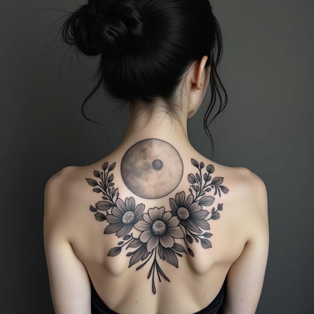 Moon wildflowersin authentic tattoo style, incorporating traditional modifications, bold black outlines, solid color fills, featuring classic authentic elements - Variation 2