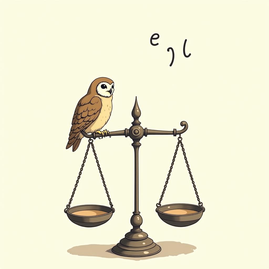 The scales of justice. On the left side is an owl parched on a scale. And on the right scale are ellipsis, floating above. The right scale is weighed down, to symbolize the weight of words. While the owl perched on the left scale, looks ahead at me with its body turned to the right scale. Ghibli, Studio Ghibli aesthetic, hand-drawn anime style, retro nostalgic atmosphere, retro soft pastel color palette with earthy tones, retro Japanese cinematic shot, yellow tint effect, bald character, smooth surface, anime shadow 90's anime style - Variation 4