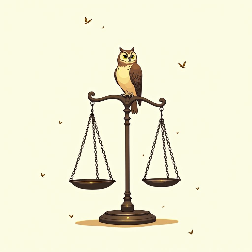 The scales of justice. On the left side is an owl parched on a scale. And on the right scale are ellipsis, floating above. The right scale is weighed down, to symbolize the weight of words. While the owl perched on the left scale, looks ahead at me with its body turned to the right scale. Ghibli, Studio Ghibli aesthetic, hand-drawn anime style, retro nostalgic atmosphere, retro soft pastel color palette with earthy tones, retro Japanese cinematic shot, yellow tint effect, bald character, smooth surface, anime shadow 90's anime style - Variation 2