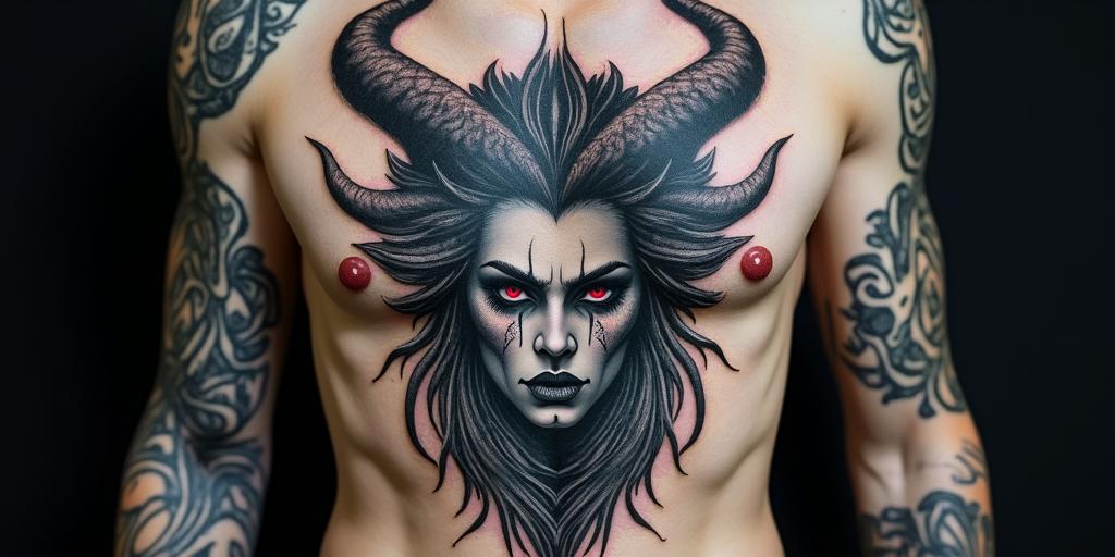 Norse Goddess Hel (In Norse mythology, Hel is described as a being of striking duality: half flesh-colored and half blue, often associated with death. This visual representation, along with her grim and fierce expression, emphasizes her role as the queen of Helheim, the underworld)in realism tattoo style, featuring a highly detailed, lifelike, capturing every detail, photorealistic, ultra realistic, intricate shading, smooth and sharp,   - Variation 3
