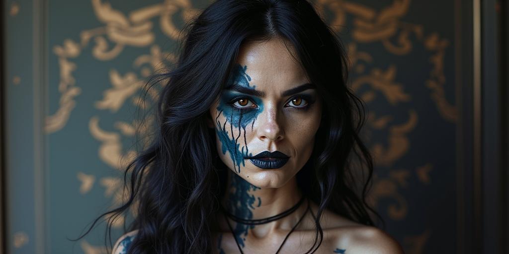 Norse Goddess Hel (In Norse mythology, Hel is described as a being of striking duality: half flesh-colored and half blue, often associated with death. This visual representation, along with her grim and fierce expression, emphasizes her role as the queen of Helheim, the underworld)in realism tattoo style, featuring a highly detailed, lifelike, capturing every detail, photorealistic, ultra realistic, intricate shading, smooth and sharp,  