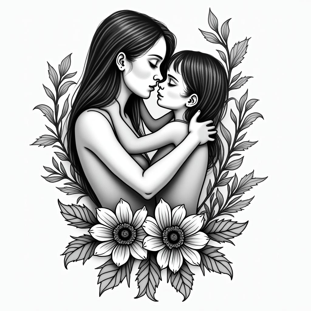 Motherhoodin authentic tattoo style, incorporating traditional modifications, bold black outlines, solid color fills, featuring classic authentic elements - Variation 3