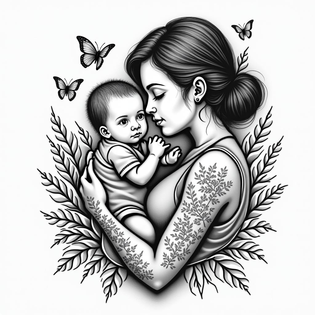 Motherhoodin authentic tattoo style, incorporating traditional modifications, bold black outlines, solid color fills, featuring classic authentic elements - Variation 2