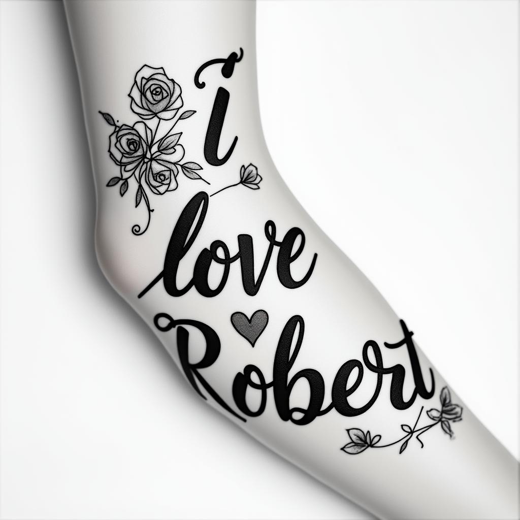 I love Robertin elegant cursive calligraphy style 2d tattoo, decorate with roses, featuring a smooth and flowing handwritten script with slightly thickened strokes for a luxurious and bold appearance, heart symbol between names, sleek and glossy black text with shadowing, minimalist matte white background, clean and sharp edges, illuminated with soft lighting, romantic, 8k, high-quality textures with refined typography