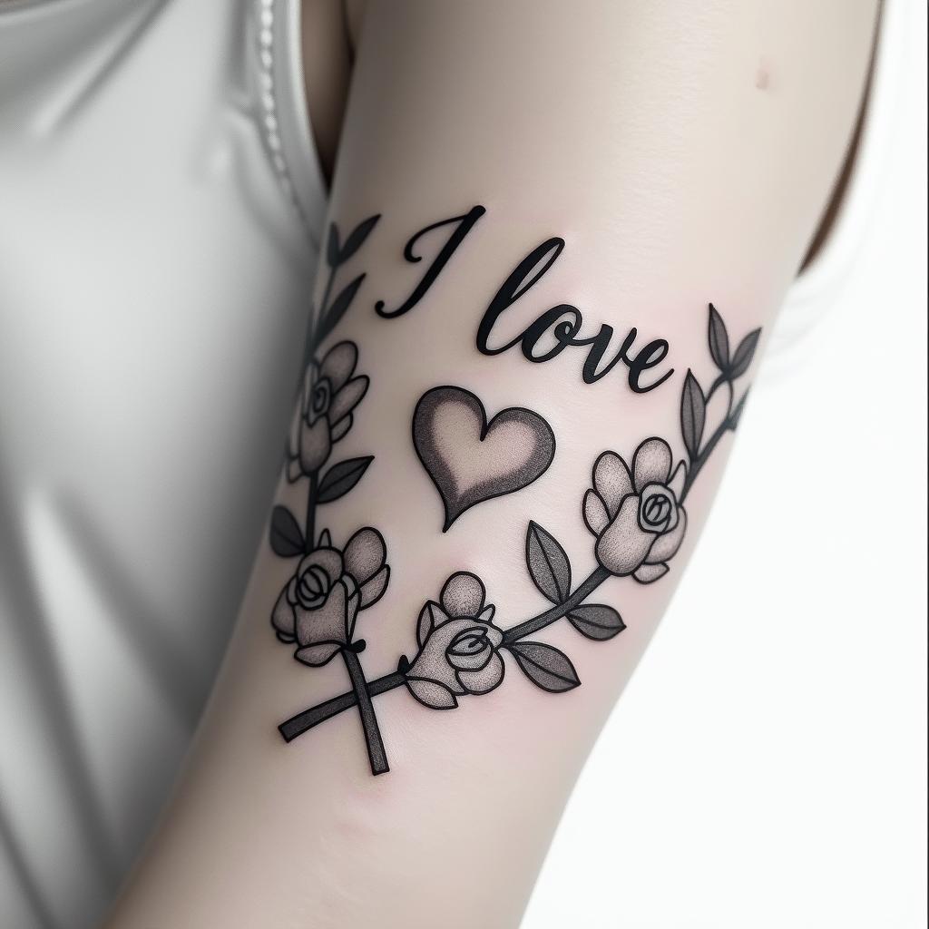 I love Robertin elegant cursive calligraphy style 2d tattoo, decorate with roses, featuring a smooth and flowing handwritten script with slightly thickened strokes for a luxurious and bold appearance,  heart symbol between names,  sleek and glossy black text with shadowing, minimalist matte white background, clean and sharp edges, illuminated with soft lighting, romantic, 8k, high-quality textures with refined typography - Variation 3