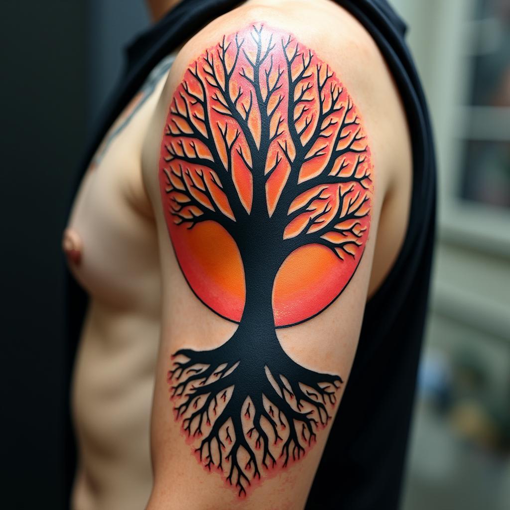 Tree of life with roots and branchesin pop art style tattoo, featuring bold and vibrant colors, exaggerated outlines, iconic imagery, inspired by comic books and speech bubbles, comic book characters, retro pop culture - Variation 5