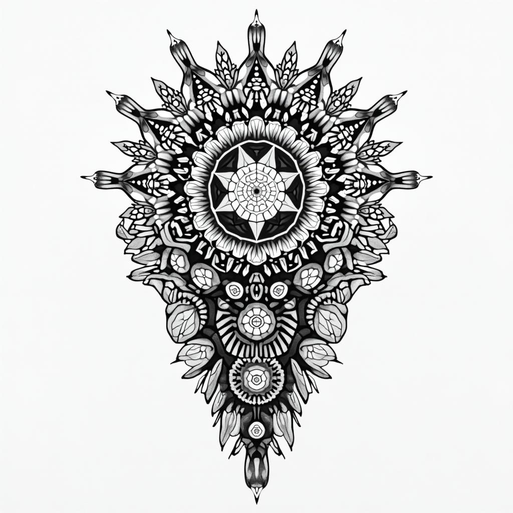 Motherhood in geometric style tattoo, blending hexagons, mandala-inspired patterns, symmetrical and fractal design, clean lines, sharp angles - Variation 1