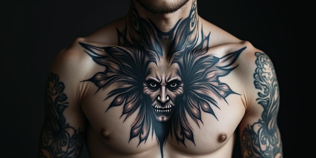 Norse Goddess Hel (In Norse mythology, Hel is described as a being of striking duality: half flesh-colored and half blue, often associated with death. This visual representation, along with her grim and fierce expression, emphasizes her role as the queen of Helheim, the underworld)in portrait tattoo style, featuring a highly realistic and detailed depiction  - Variation 2