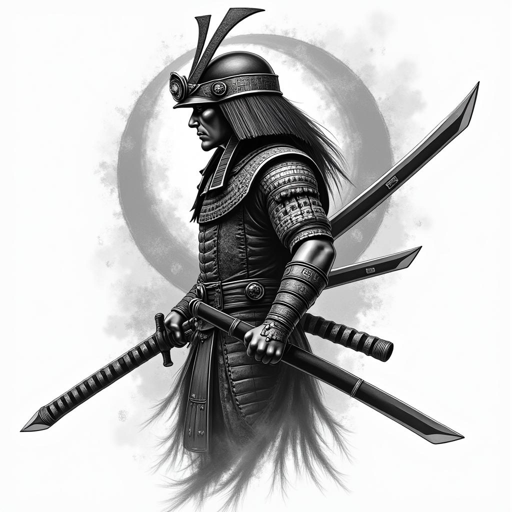 Samurai with a katanain egyptian style tattoo, bold elements of ancient egyptian culture including a portrait of an Egyptian pharaoh with detailed facial features, in hieroglyphs and symbolic imagery, eye of horus, ankh symbol, scarab beetle - Variation 2