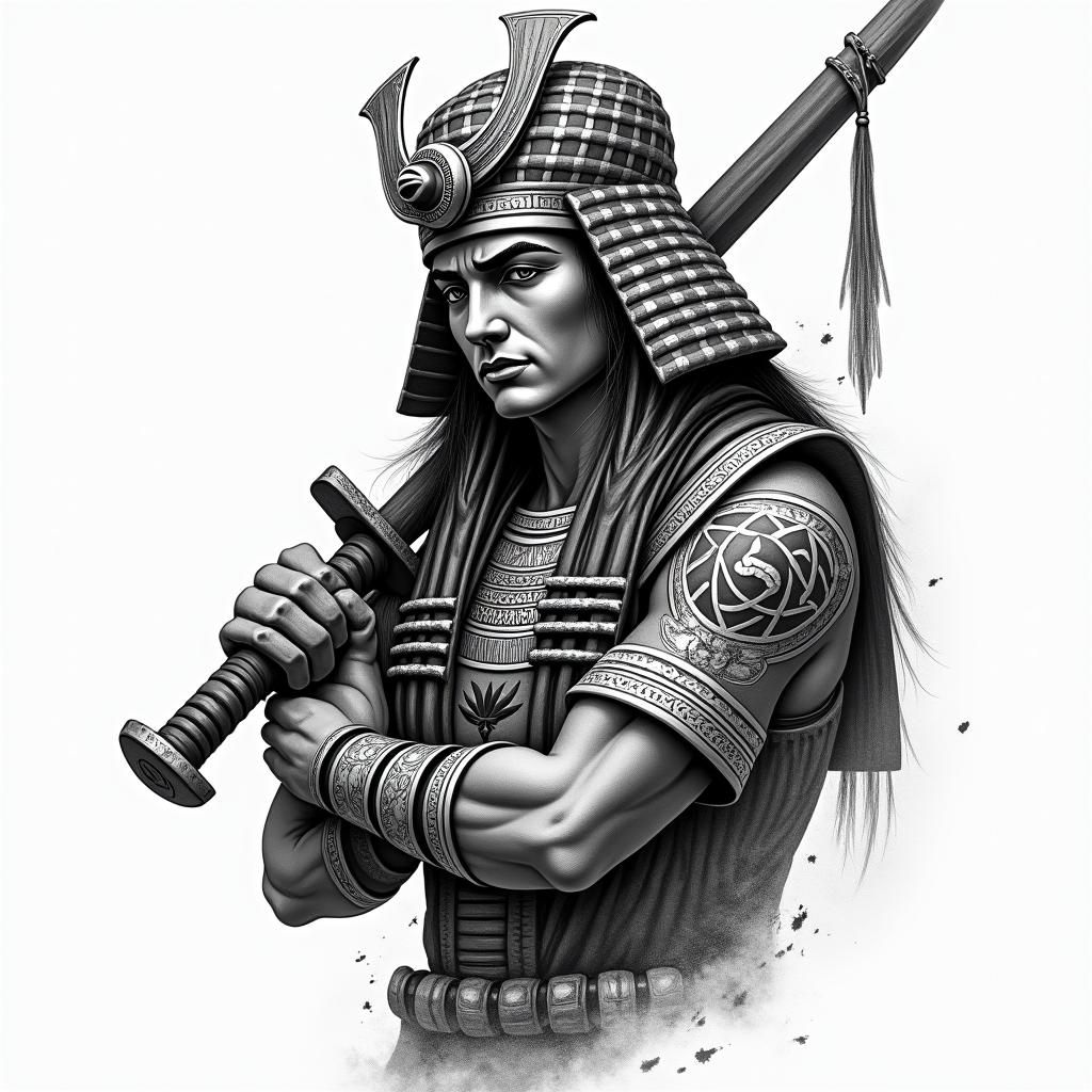 Samurai with a katanain egyptian style tattoo, bold elements of ancient egyptian culture including a portrait of an Egyptian pharaoh with detailed facial features, in hieroglyphs and symbolic imagery, eye of horus, ankh symbol, scarab beetle - Variation 4