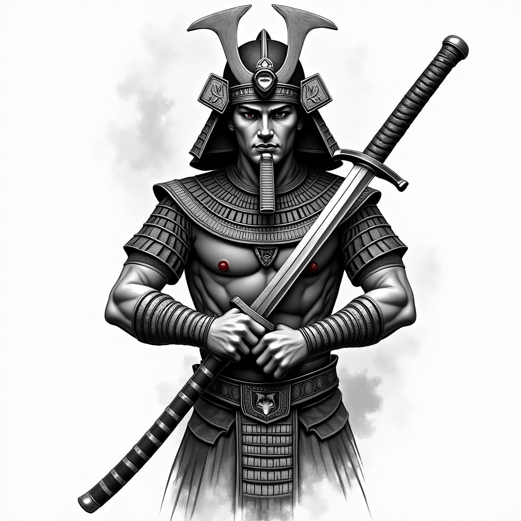 Samurai with a katanain egyptian style tattoo, bold elements of ancient egyptian culture including a portrait of an Egyptian pharaoh with detailed facial features, in hieroglyphs and symbolic imagery, eye of horus, ankh symbol, scarab beetle - Variation 5